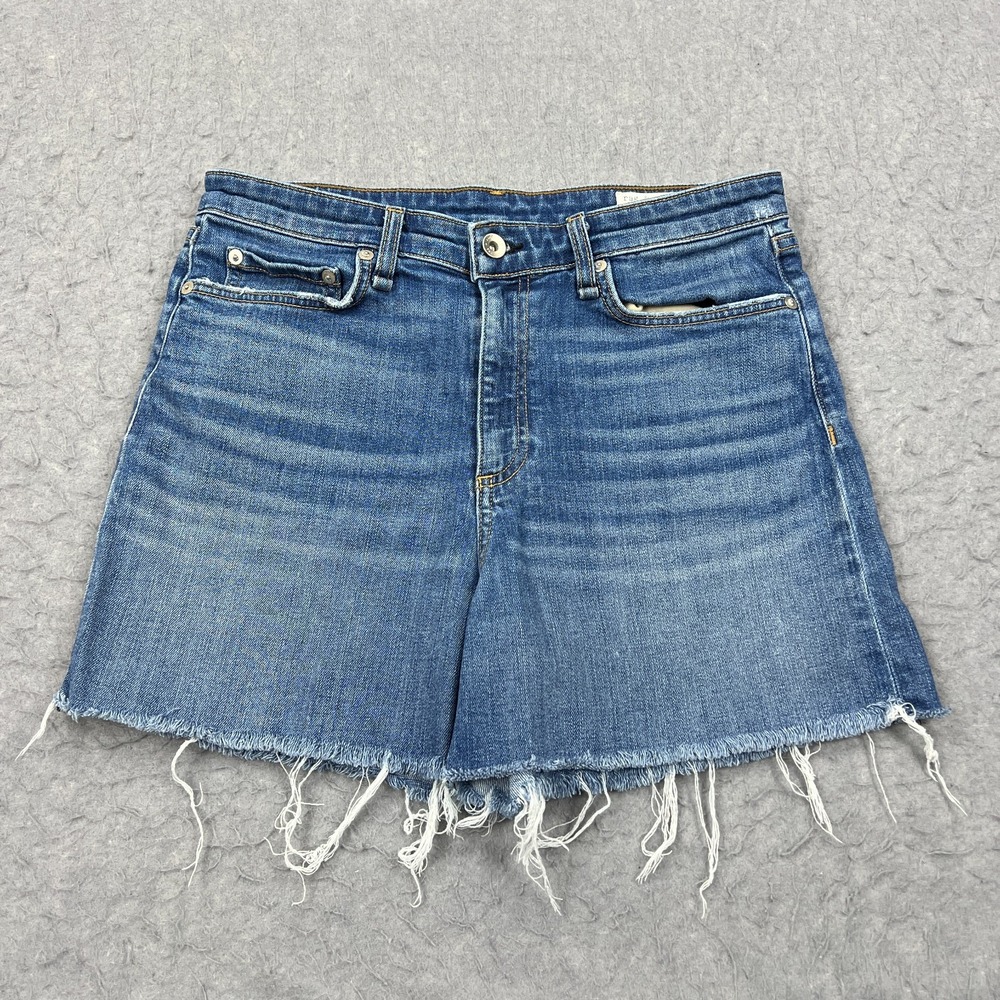 Rag & Bone Shorts Women's 28 Blue Denim Nina High Rise Raw Hem Fringe 4" Balboa